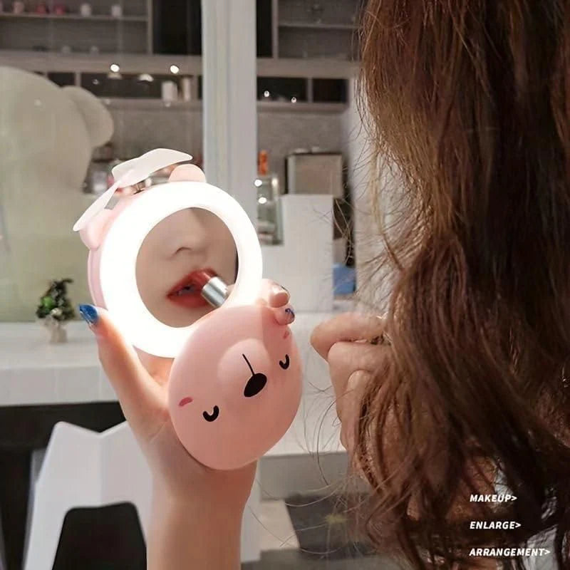 PiggyCool™ LED Mirror Fan – Pocket-Size Rechargeable Mini Fan with Makeup Mirror & Light