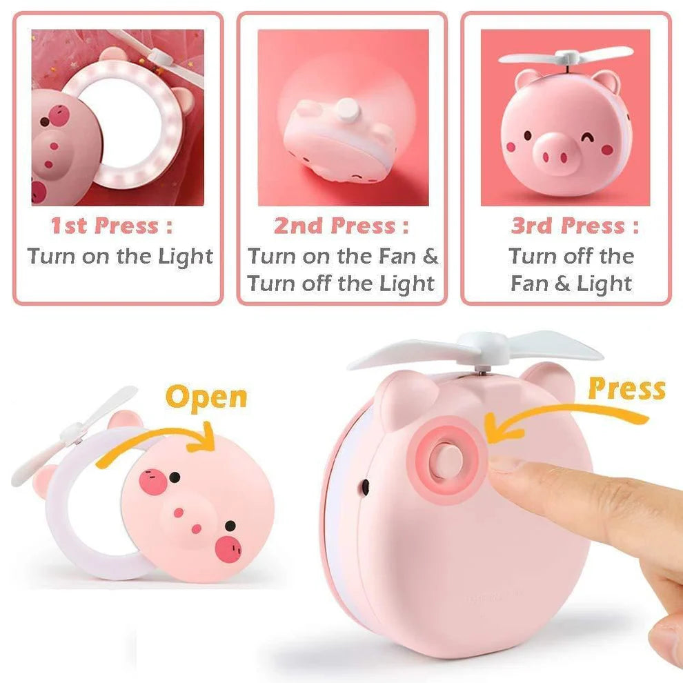PiggyCool™ LED Mirror Fan – Pocket-Size Rechargeable Mini Fan with Makeup Mirror & Light
